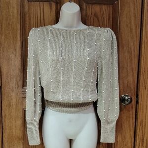 Elegant Lillie Rubin Beige-Taupe Sweater w/ White Bead Accents Throughout Small